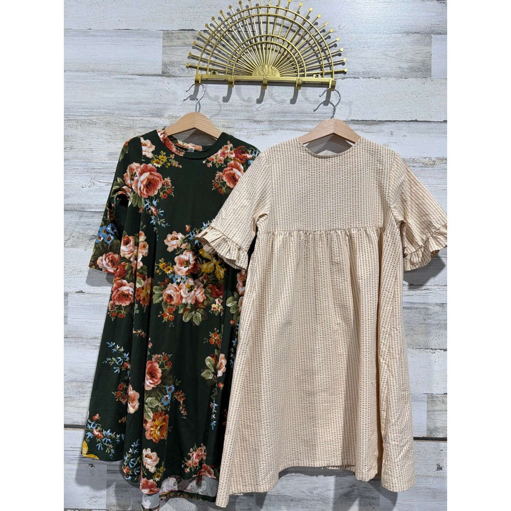 Wheat Pomelo Dress Bundle Girls Size 8 Tan Green Floral Striped Boho EUC